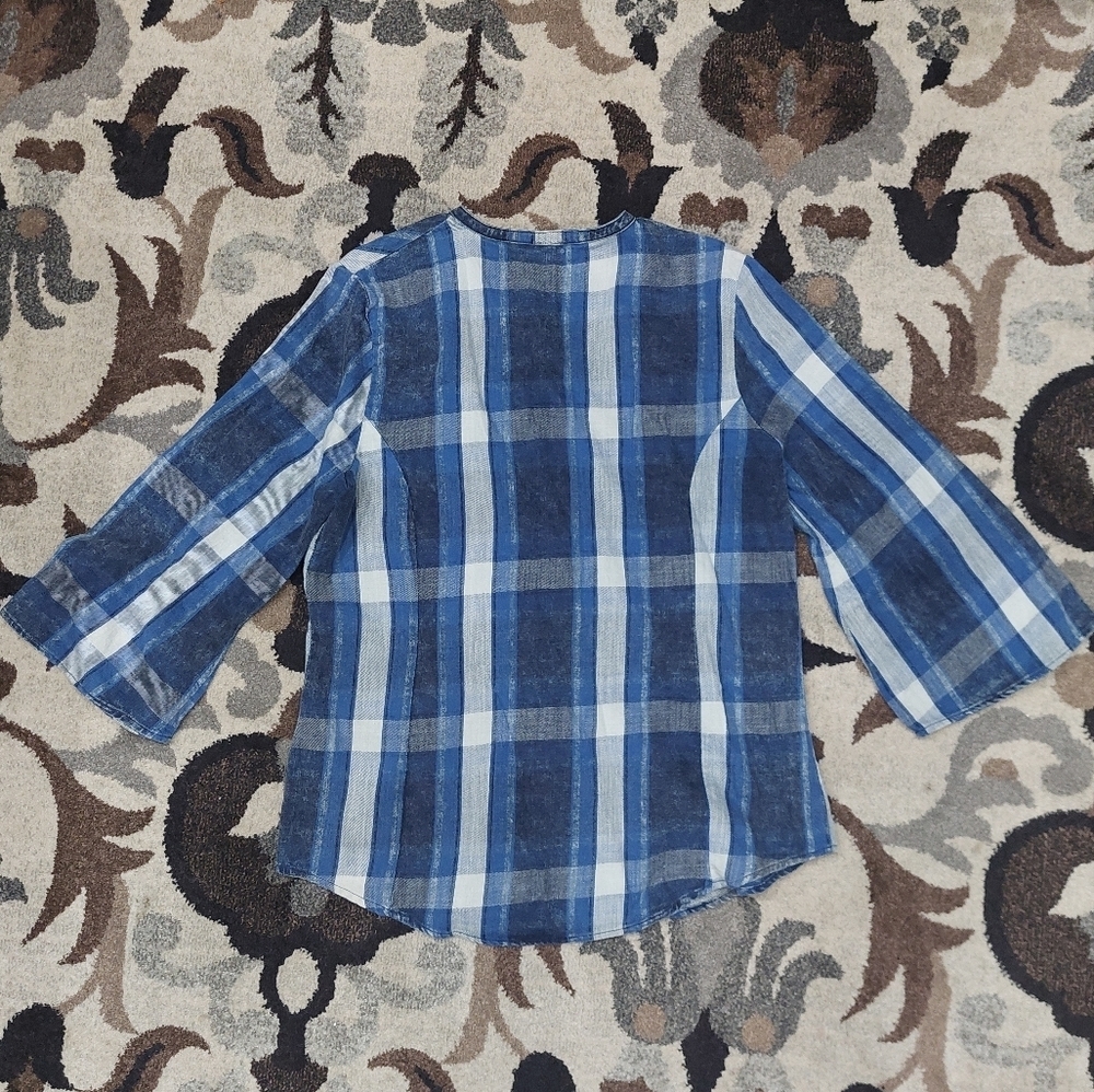 Reba Blue Flannel Blouse Sz M Snap Button Front 100% Cotton - Picture 8 of 12